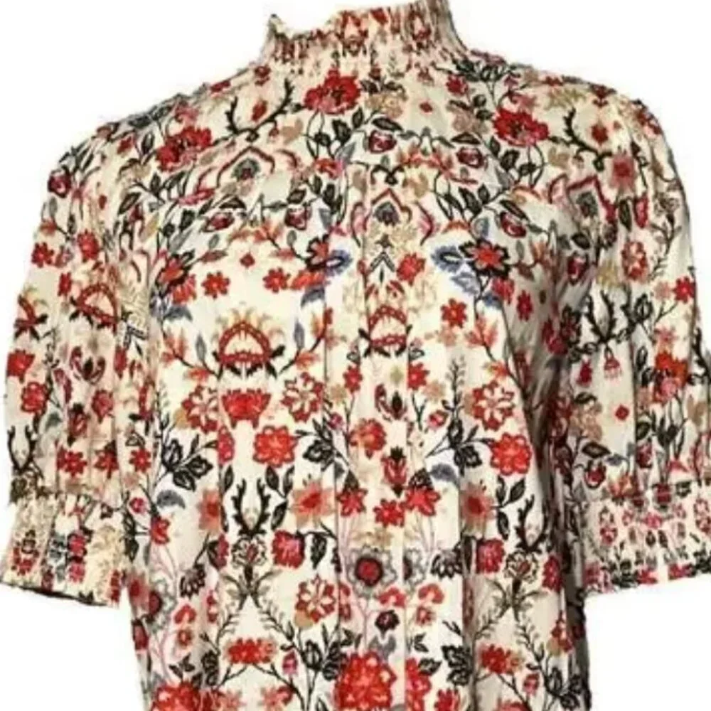 LOFT Forest Smocked Puff Sleeve Top, Size XL